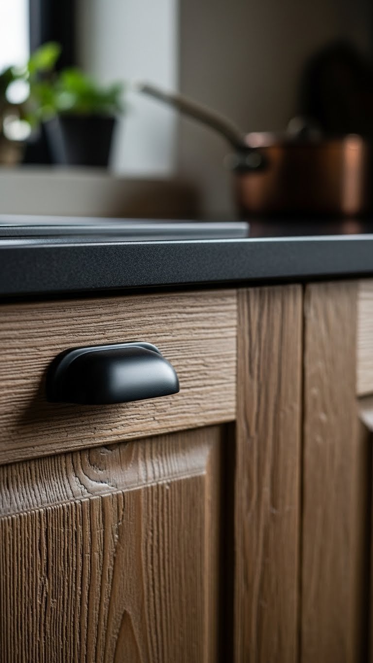 Close-up of matte black cabinet pull on distressed wood cabinet with soft natural lighting