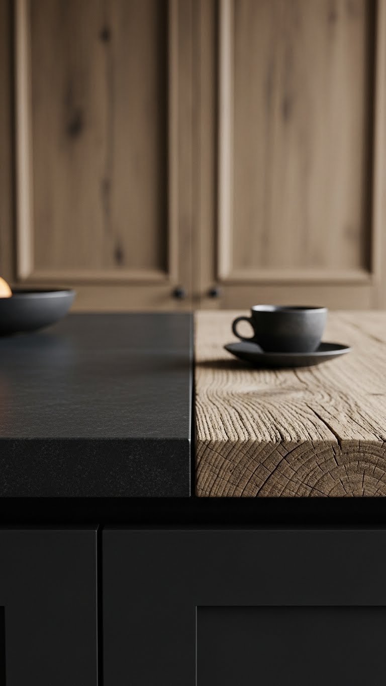 Close-up of matte black countertop meeting distressed wood cutting board in rustic kitchen