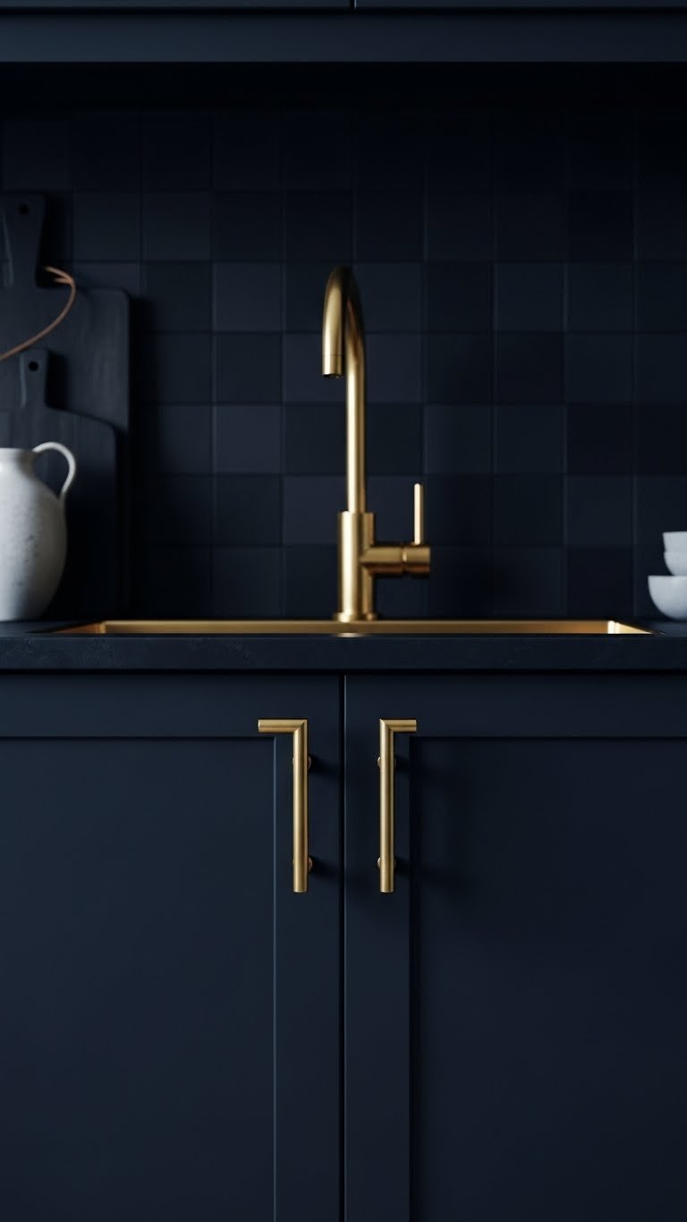 Dark Kitchen Aesthetic: 7 Ideas For Elevated Cooking 7 Close-up of matte black kitchen cabinetry with minimalist brass T-bar handles and a matching industrial chic brass faucet.