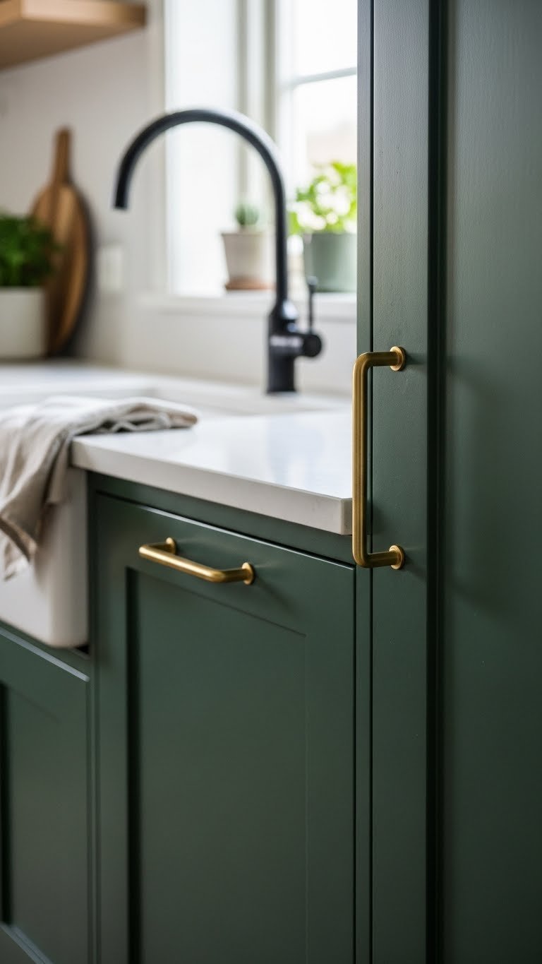Close-up of matte dark green Shaker cabinet door with brushed brass hardware in minimalist Scandinavian kitchen