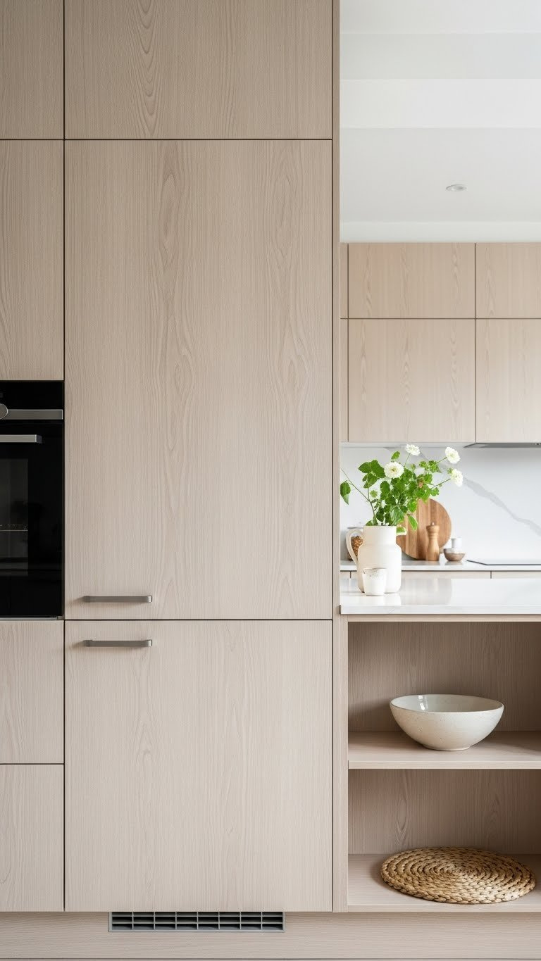 Close-up of minimalist handleless birch wood kitchen cabinets with visible wood grain and woven straw placemat on shelf