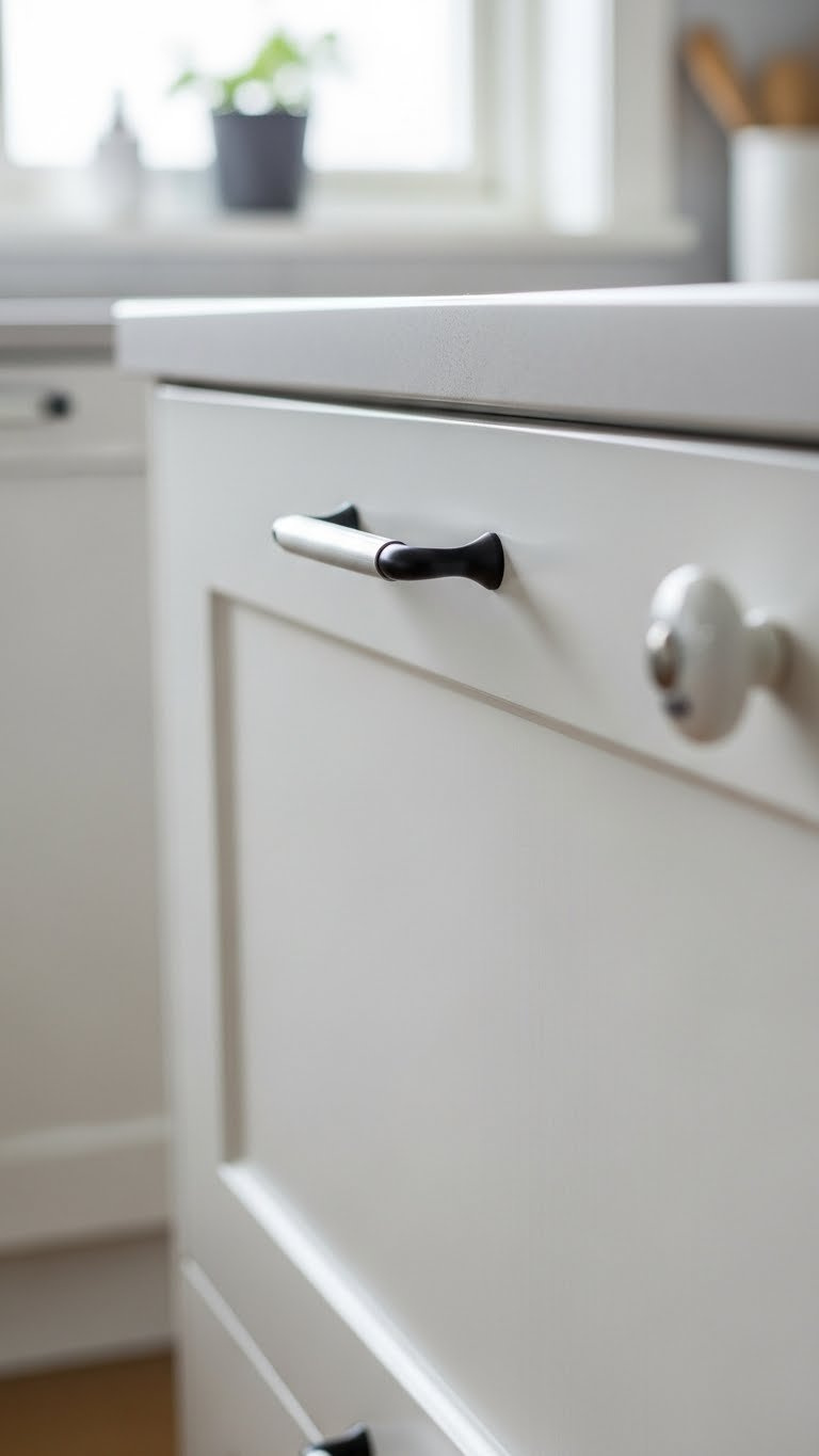 Close-up of minimalist scandi kitchen cabinet hardware with matte black pulls and soft natural lighting.