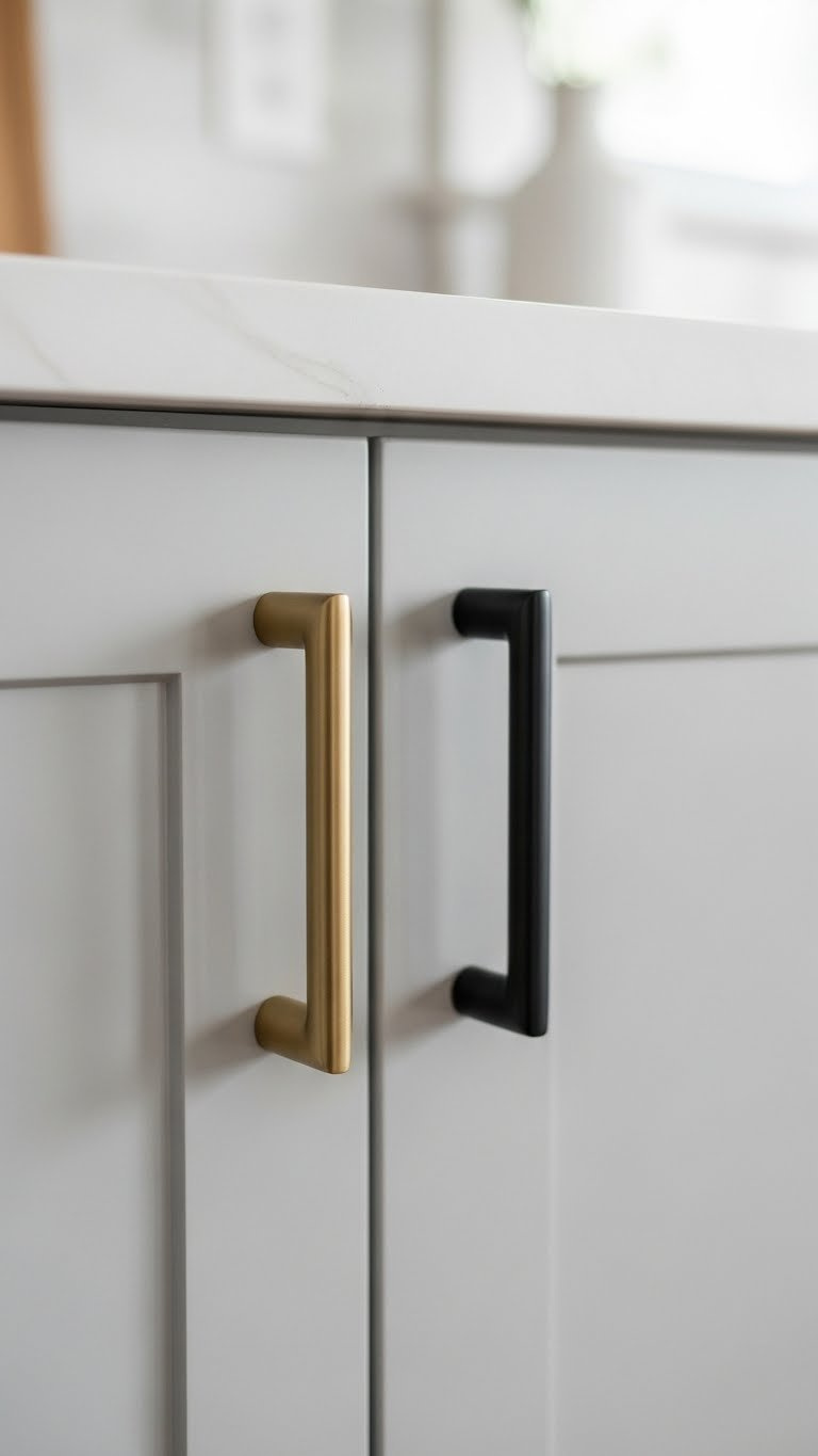 Close-up of modern brushed gold cabinet pull on freshly painted white kitchen cabinet door.