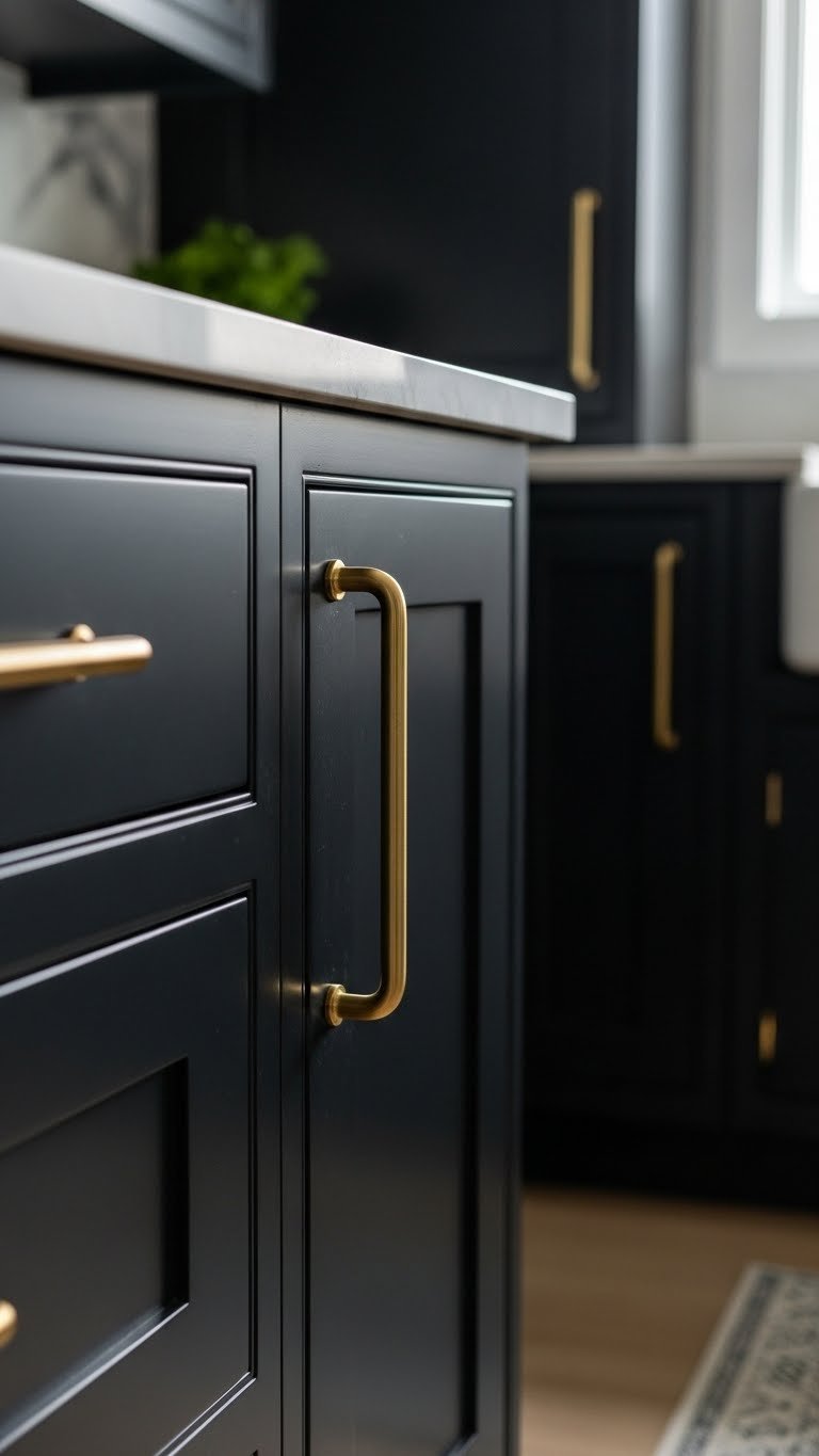 Dark Kitchen Aesthetic: 7 Ideas For Elevated Cooking 1 Close-up of modern matte black shaker kitchen cabinets with sleek brass hardware, subtly lit by natural light, showing a marble countertop edge.