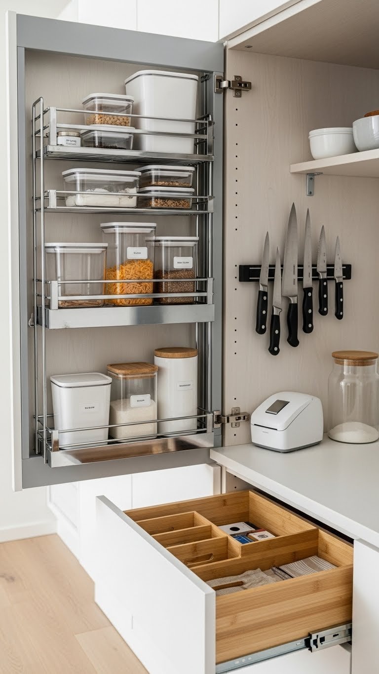 7 Essential Scandi Kitchen Apartment Ideas To Maximize Space 5 Close-up of organized kitchen storage with pull-out pantry organizer, magnetic knife strip, and minimalist containers