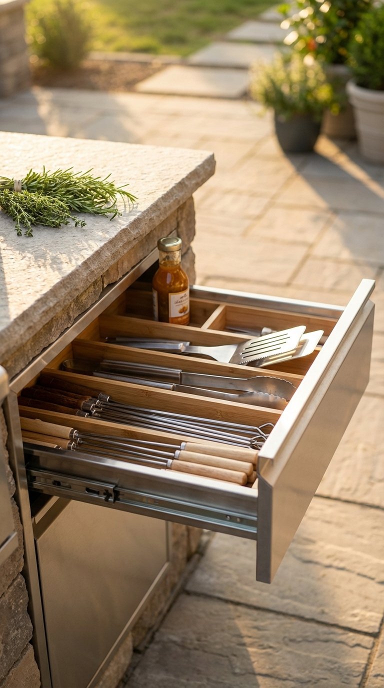 Close-up of organized outdoor kitchen drawer with grilling utensils and marinade bottle