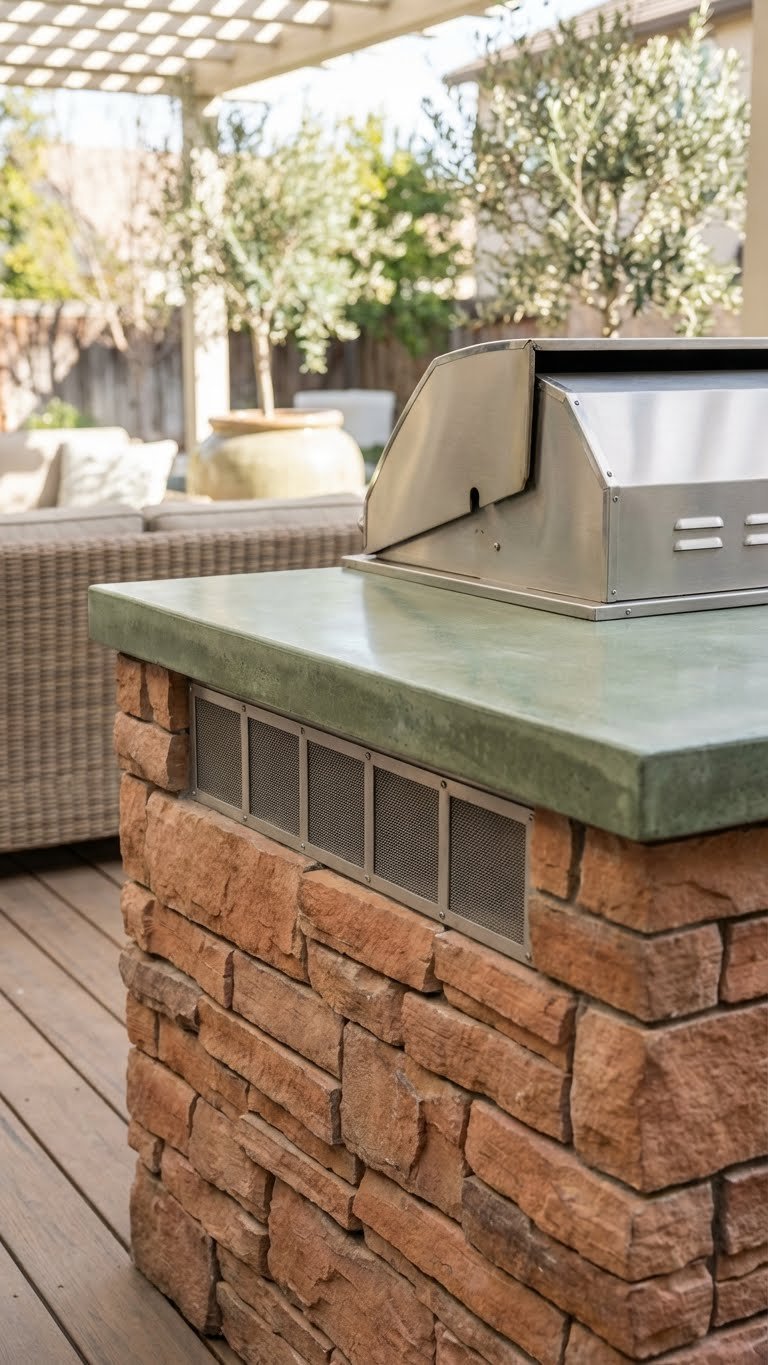 Outdoor Kitchen On Deck Planning Guide For Safe Stylish Builds 13 Close-up of outdoor kitchen grill island showing built-in ventilation ports integrated into stone finish