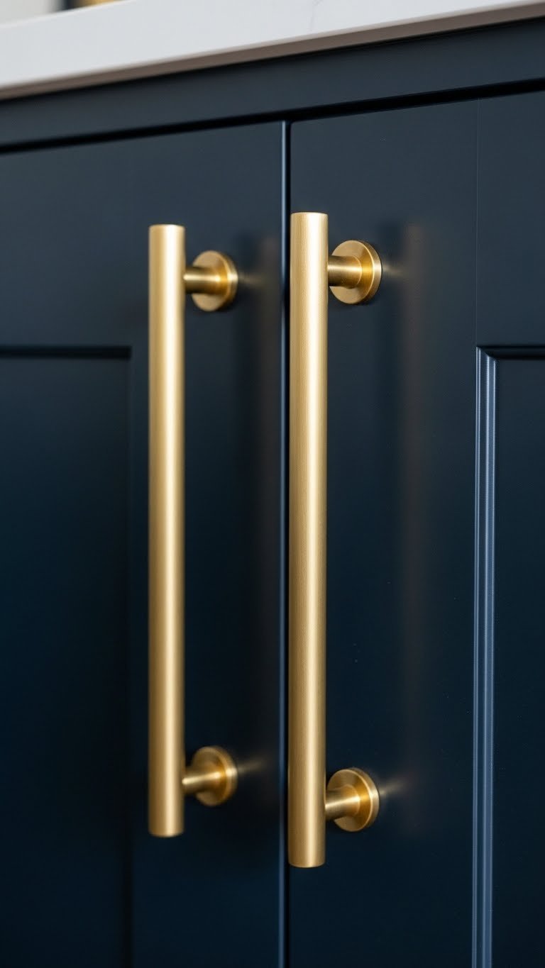 Close-up of oversized, brushed brass cabinet handles contrasting deeply matte dark blue/black kitchen cabinet faces.