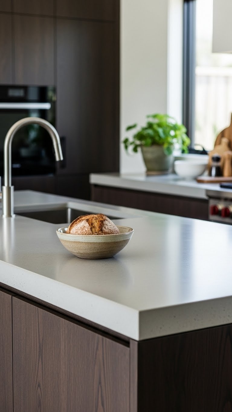 Rustic Modern Kitchen: 9 Ultimate Ideas To Transform Your Home 3 Close-up of polished concrete countertop with rustic ceramic bread bowl against dark wood cabinets in modern kitchen