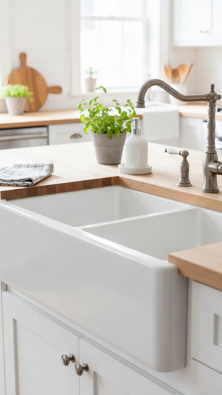 Close-up of pristine white fireclay farmhouse sink with double basin on light butcher block countertop with ceramic soap dispenser and herb plant.