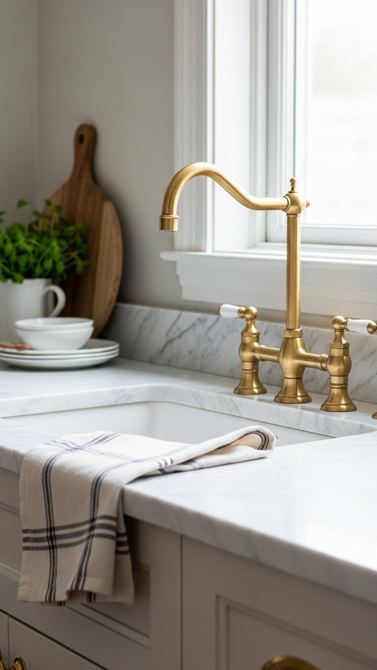 Close-up of pristine white marble countertop with polished brass faucet and linen tea towel in luxury kitchen