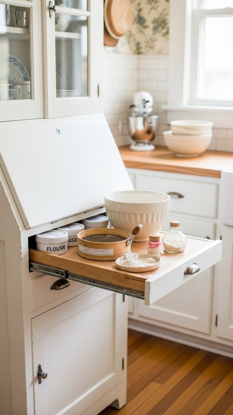 Close-up of restored 1920s Hoosier cabinet with pull-out work surface and glass-front cabinets in small vintage kitchen setting