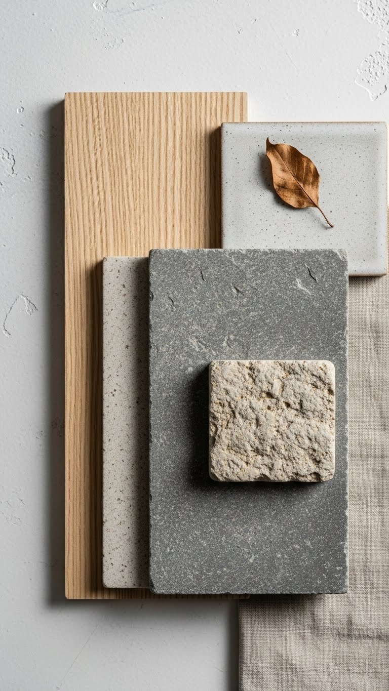 Close-up of rustic Japandi kitchen materials including matte wood, rough stone, and textured linen fabric samples