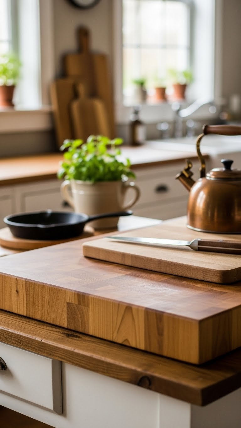 Close-up of rustic butcher block countertop with warm wood grain texture and copper kettle in soft natural kitchen lighting