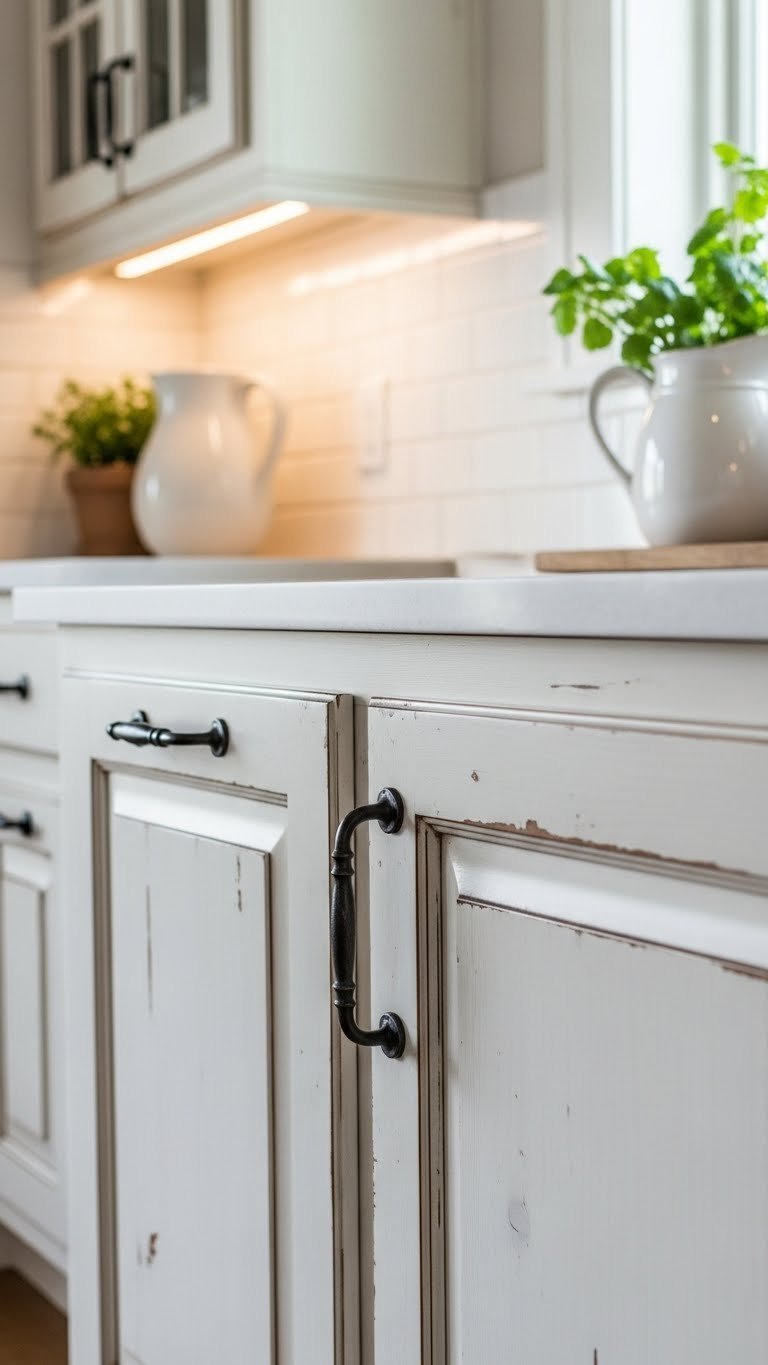 Close-up of rustic farmhouse kitchen with distressed off-white wood cabinetry featuring dark wrought iron hardware and vintage ceramic pitcher