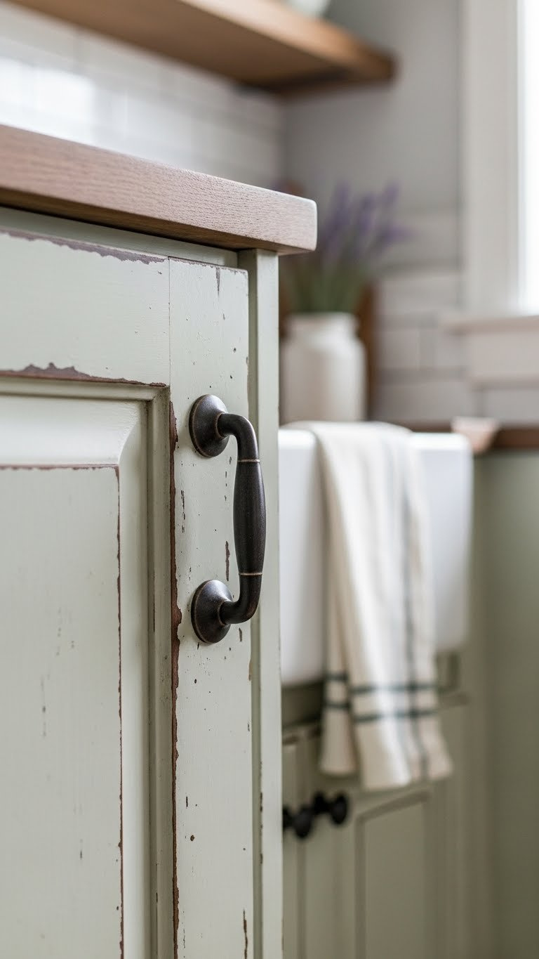 Rustic Kitchen On A Budget: 11 Genius Diy Ideas For Any Home 1 Close-up of rustic kitchen cabinet door with distressed paint finish and matte black cup pull handle against soft bokeh background