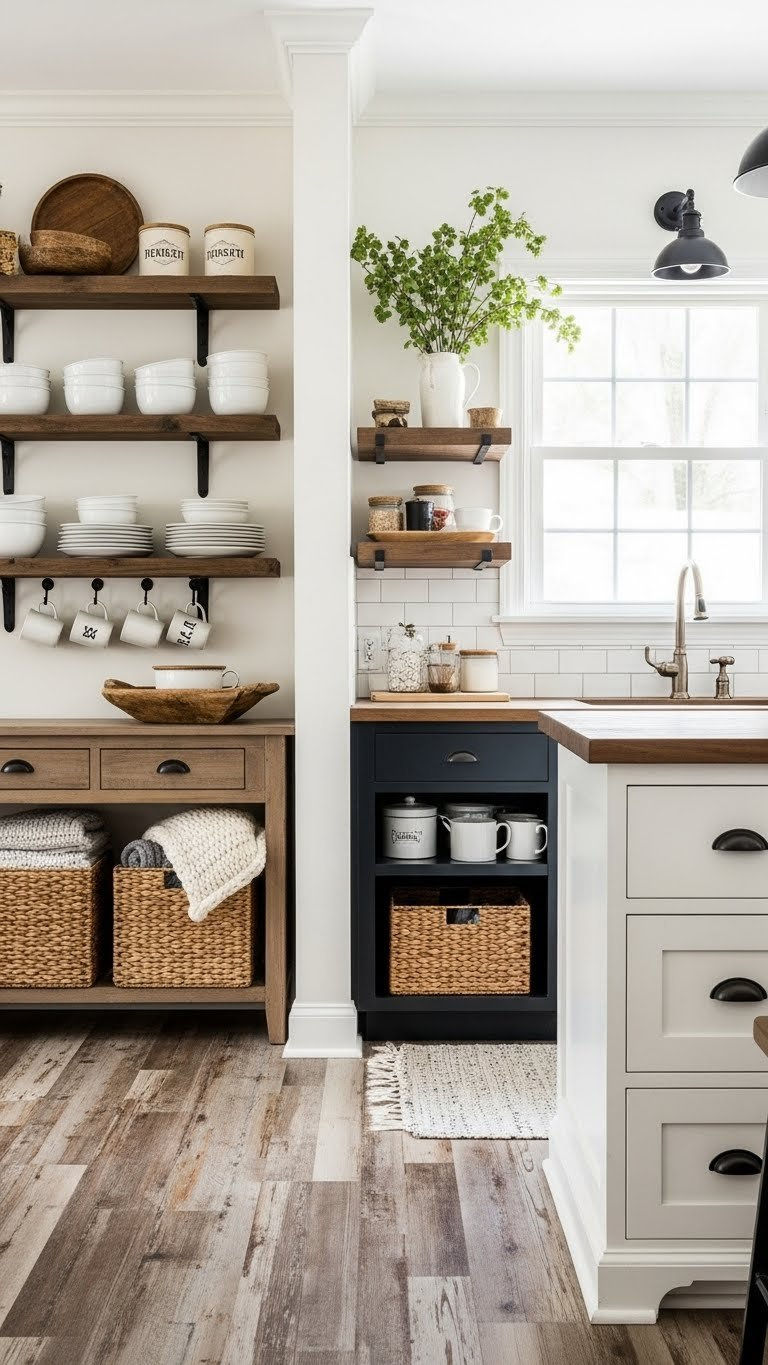 Close-up of rustic kitchen living room storage solutions featuring open shelving, woven baskets, and built-in island drawers