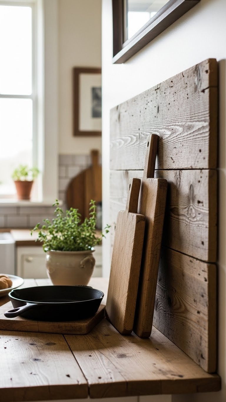 Close-up of rustic reclaimed wood backsplash with weathered grain texture and soft natural lighting in cozy kitchen setting
