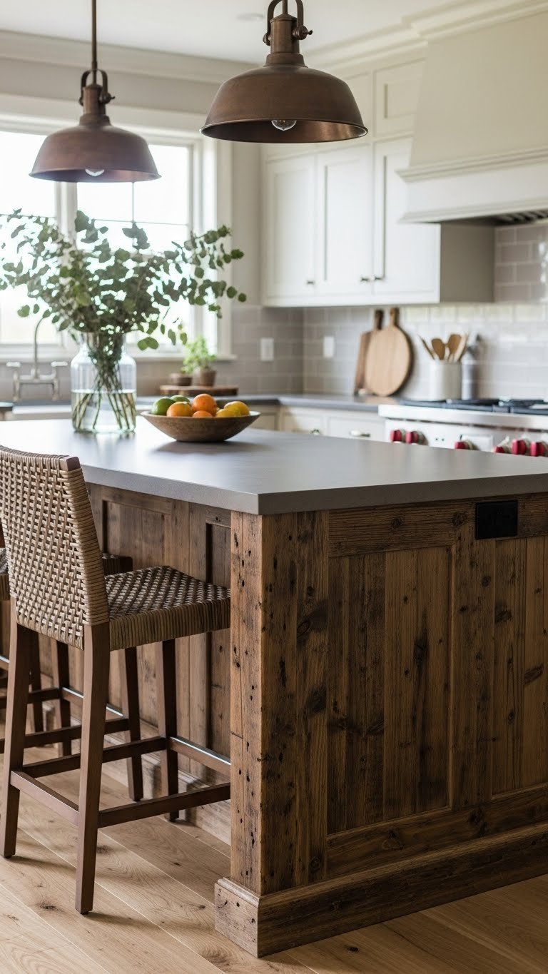 Close-up of rustic reclaimed wood kitchen island with woven bar stools in U-shaped kitchen with natural lighting and warm earthy tones