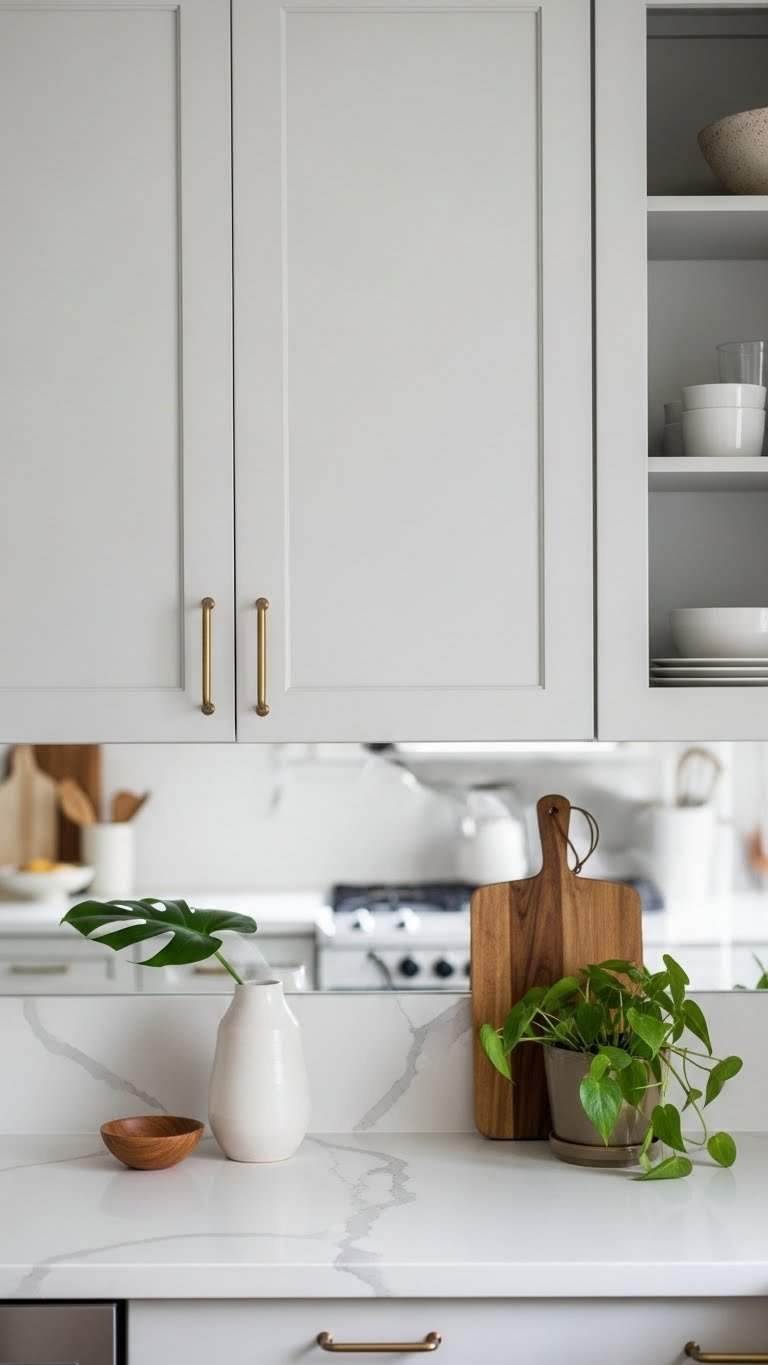 Close-up of sage green 1960s kitchen cabinets with brass hardware, featuring minimalist decor against a soft natural light background.