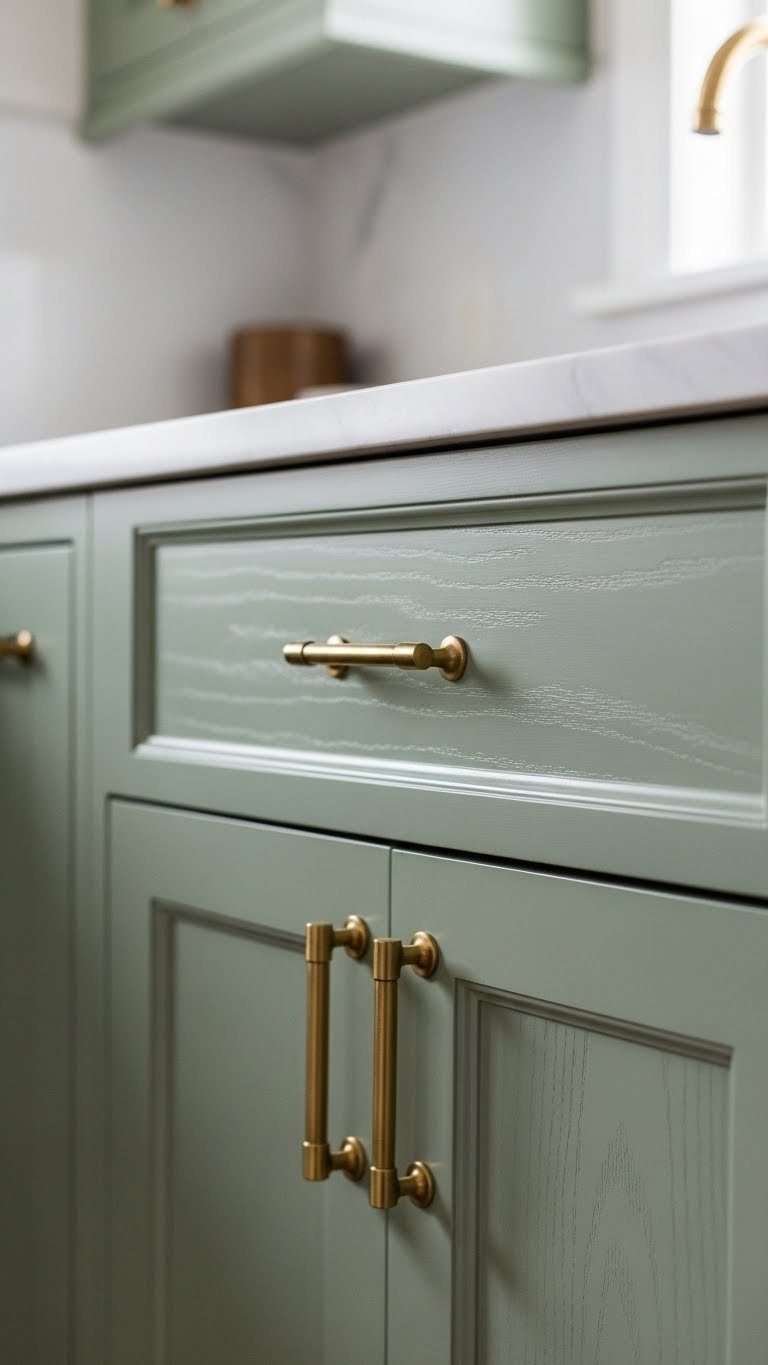 Close-up of sage green shaker-style cabinet doors with brushed brass hardware in a well-lit kitchen setting