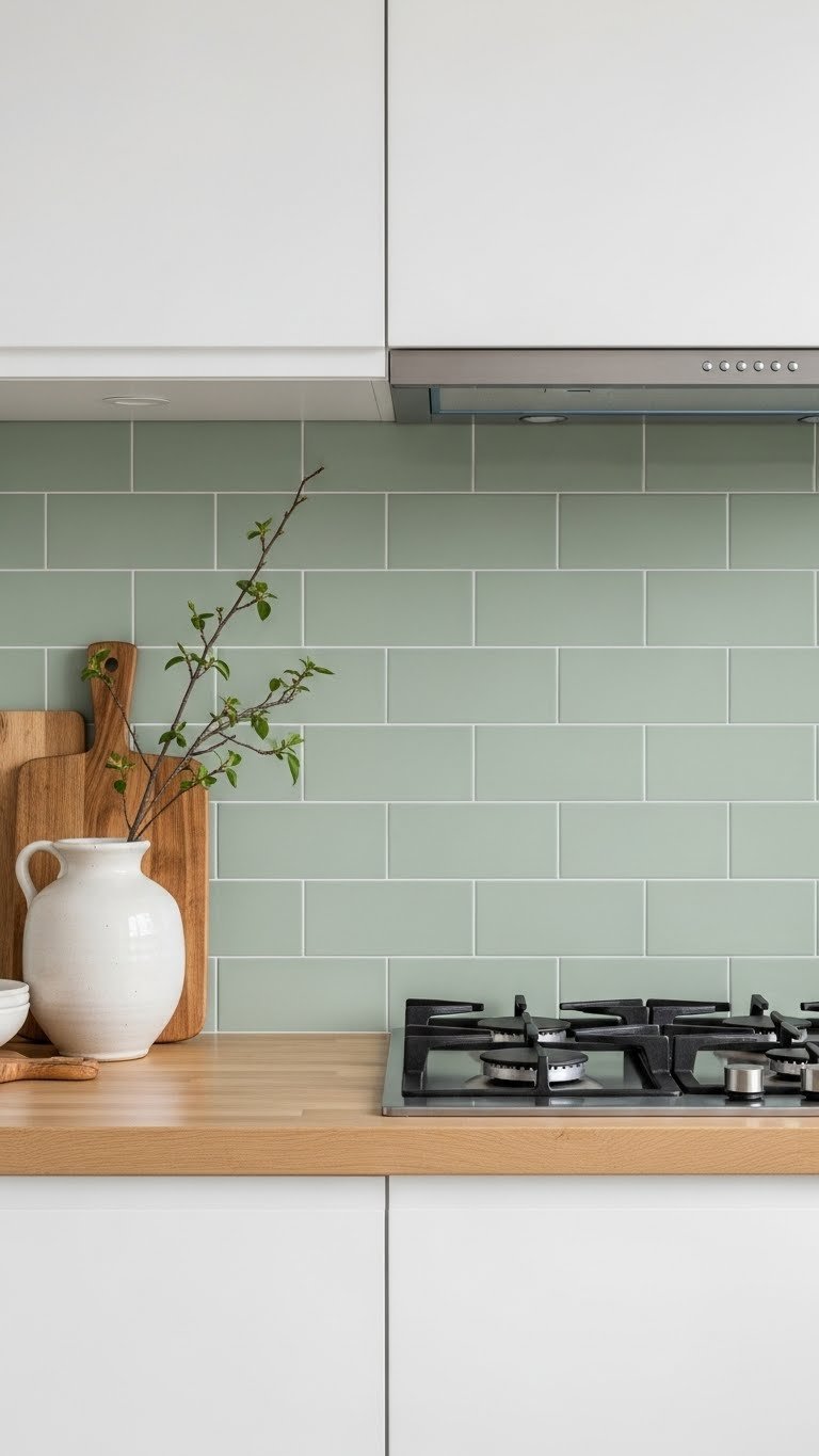 Close-up of sage green subway tiles in horizontal brick pattern on light wood kitchen countertop with ceramic vase and cutting board