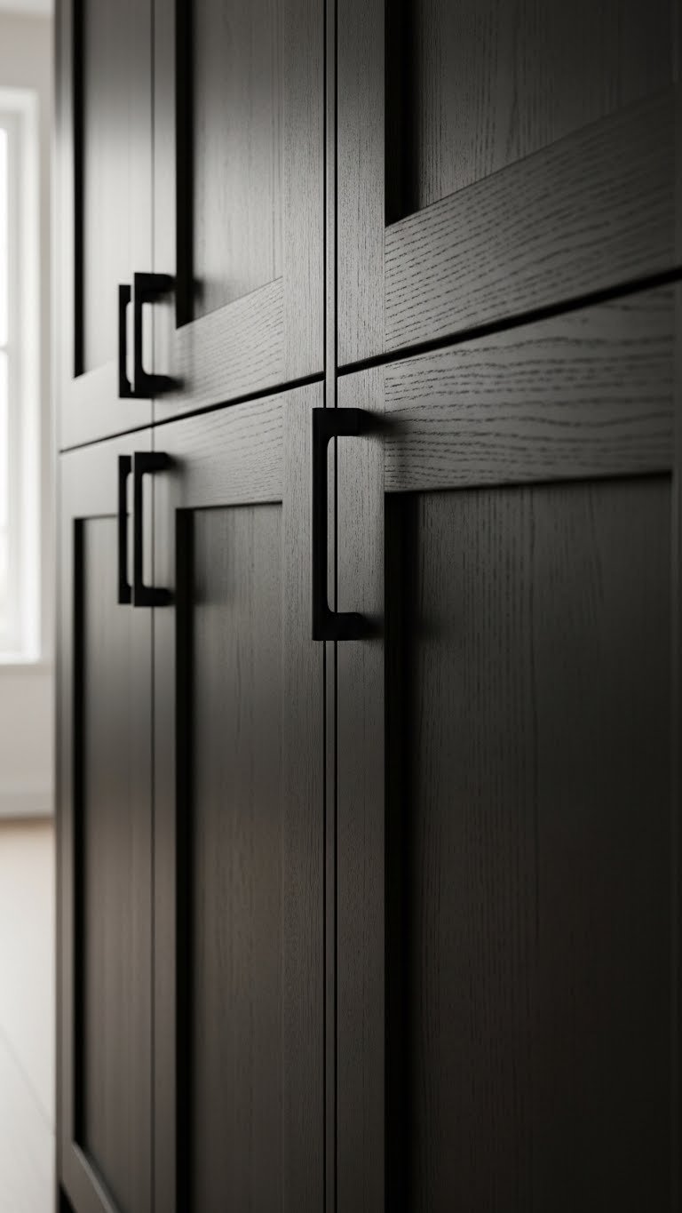 Dark Kitchen Aesthetic Secrets To Chic Home Design 3 Close-up of shaker dark wood cabinets next to sleek inky black handleless cabinetry, contrasting textures. Elegant dark kitchen.