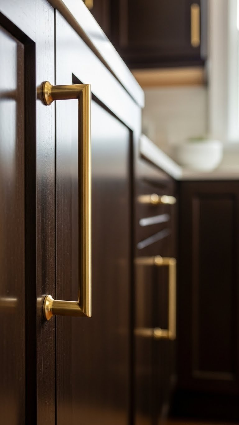 Close-up of sleek brass cabinet pull on espresso brown kitchen cabinet door with polished metallic surface