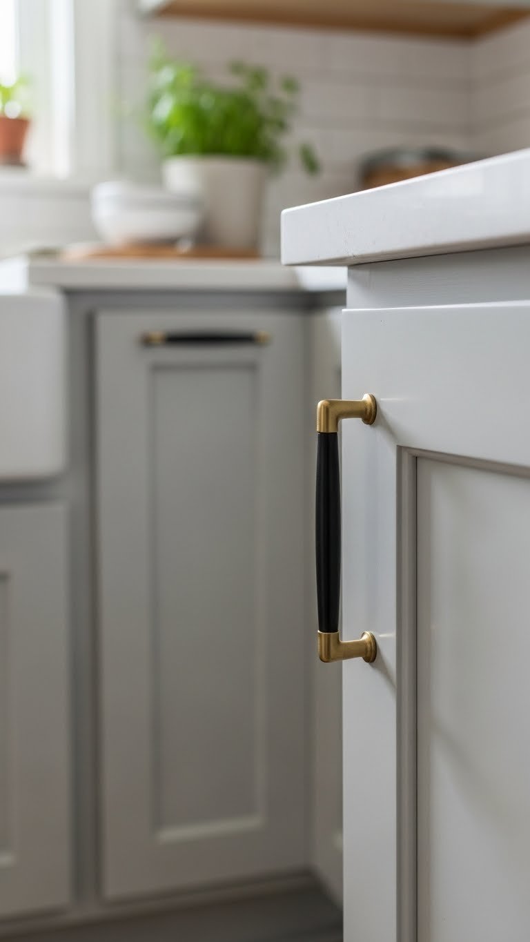 Small Kitchen Ideas 70S: 9 Proven Ways To Modernize Now 3 Close-up of sleek brushed brass cabinet pull on freshly painted 70s-style cabinet door with soft bokeh background.
