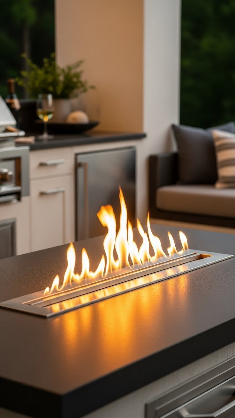 Close-up of sleek gas outdoor kitchen fireplace with warm glow integrated into luxury stone countertop and built-in cabinets