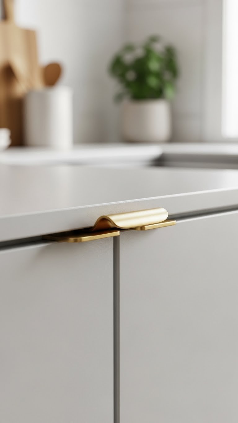 Close-up of sleek minimalist brass finger pull on matte white cabinet door in contemporary Scandi kitchen with soft natural lighting