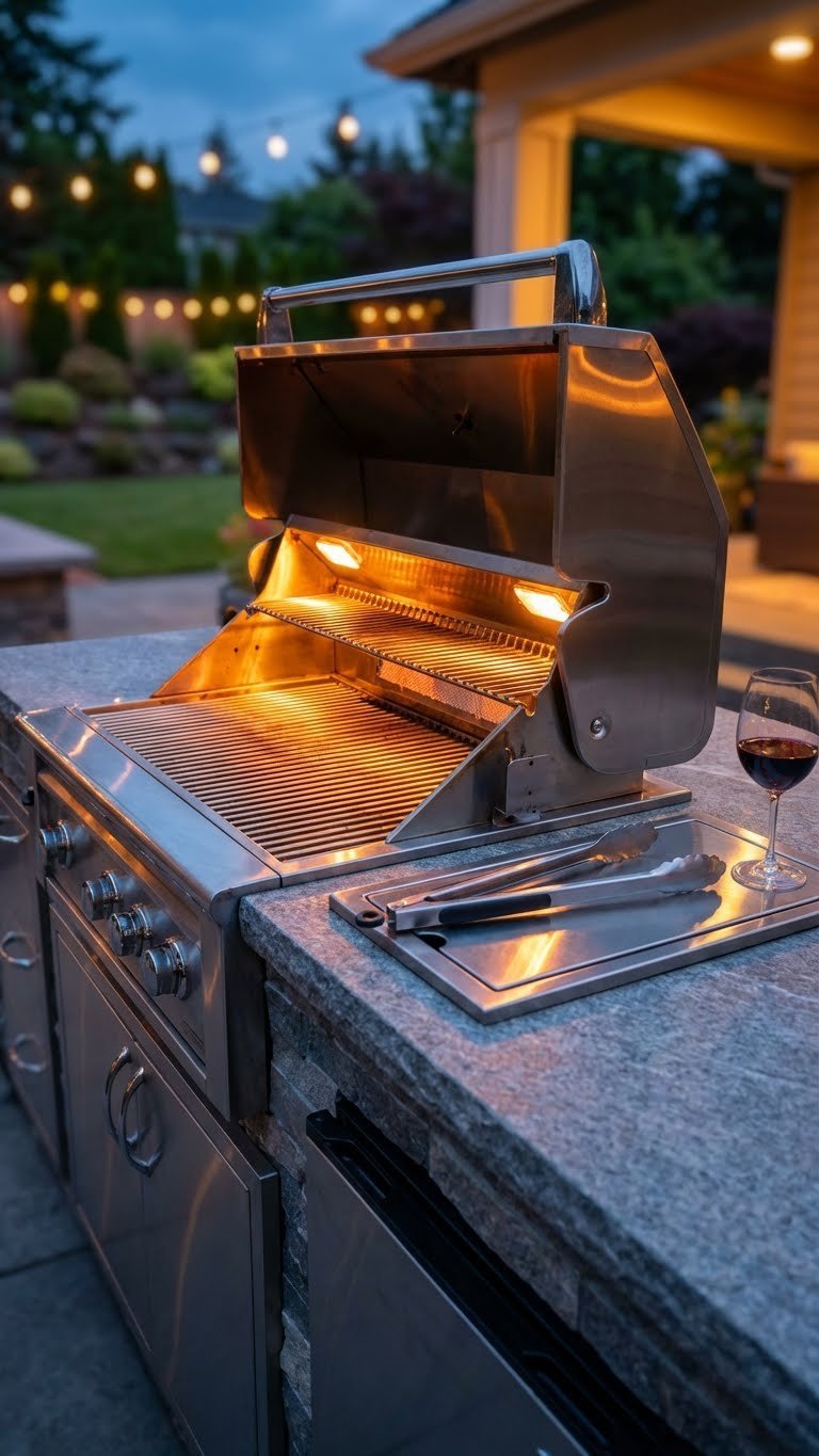 Outdoor Kitchen Rooftop Complete Planning Design Guide 9 Close-up of sleek stainless steel outdoor grill station glowing with interior lights at dusk on stone countertop