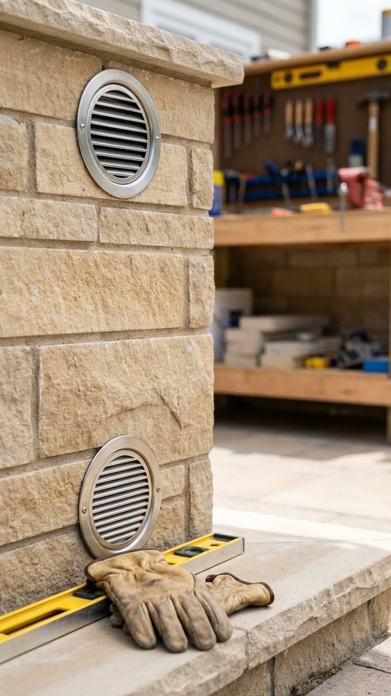 Outdoor Kitchen With Green Egg Design Build Cost Guide 7 Close-up of stainless steel vent panels installed in stone veneer for outdoor kitchen Big Green Egg cabinet ventilation