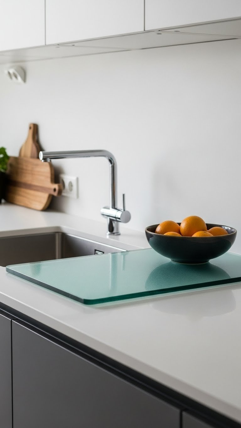 Close-up of sustainable scandi kitchen countertop made from recycled glass or natural quartz materials.