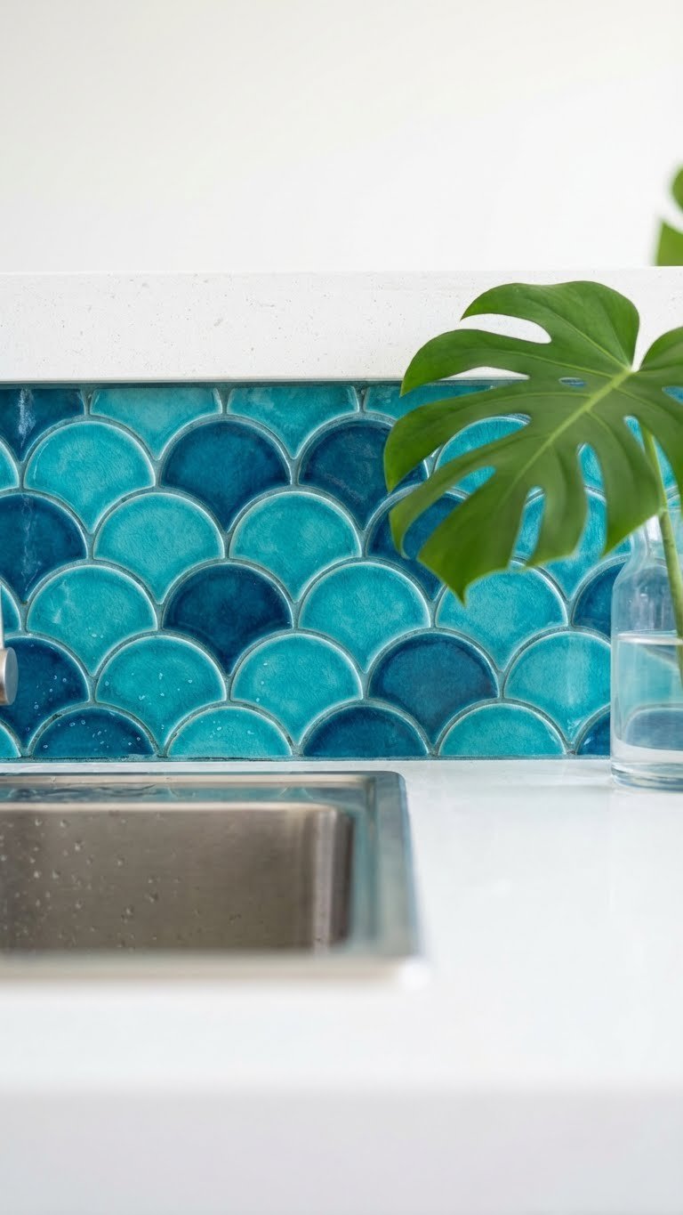 Outdoor Kitchen Tropical Design Ideas For A Resort Style Backyard 11 Close-up of vibrant turquoise fish-scale tile backsplash with handmade ceramic tiles in tropical outdoor kitchen