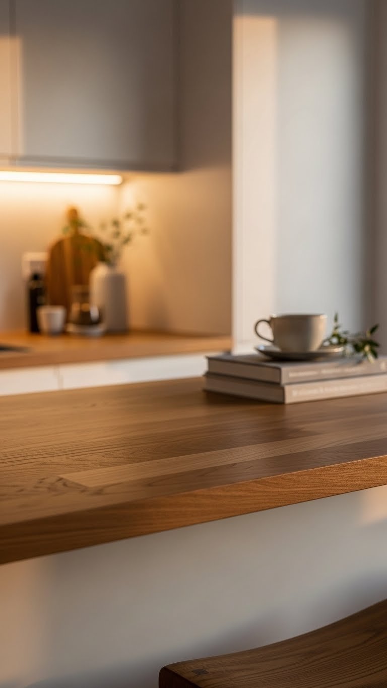 Scandi Kitchen Breakfast Bar: Ultimate Design Guide For Homes 9 Close-up of warm timber Scandinavian breakfast bar surface with natural wood grain and minimalist ceramic accessories.