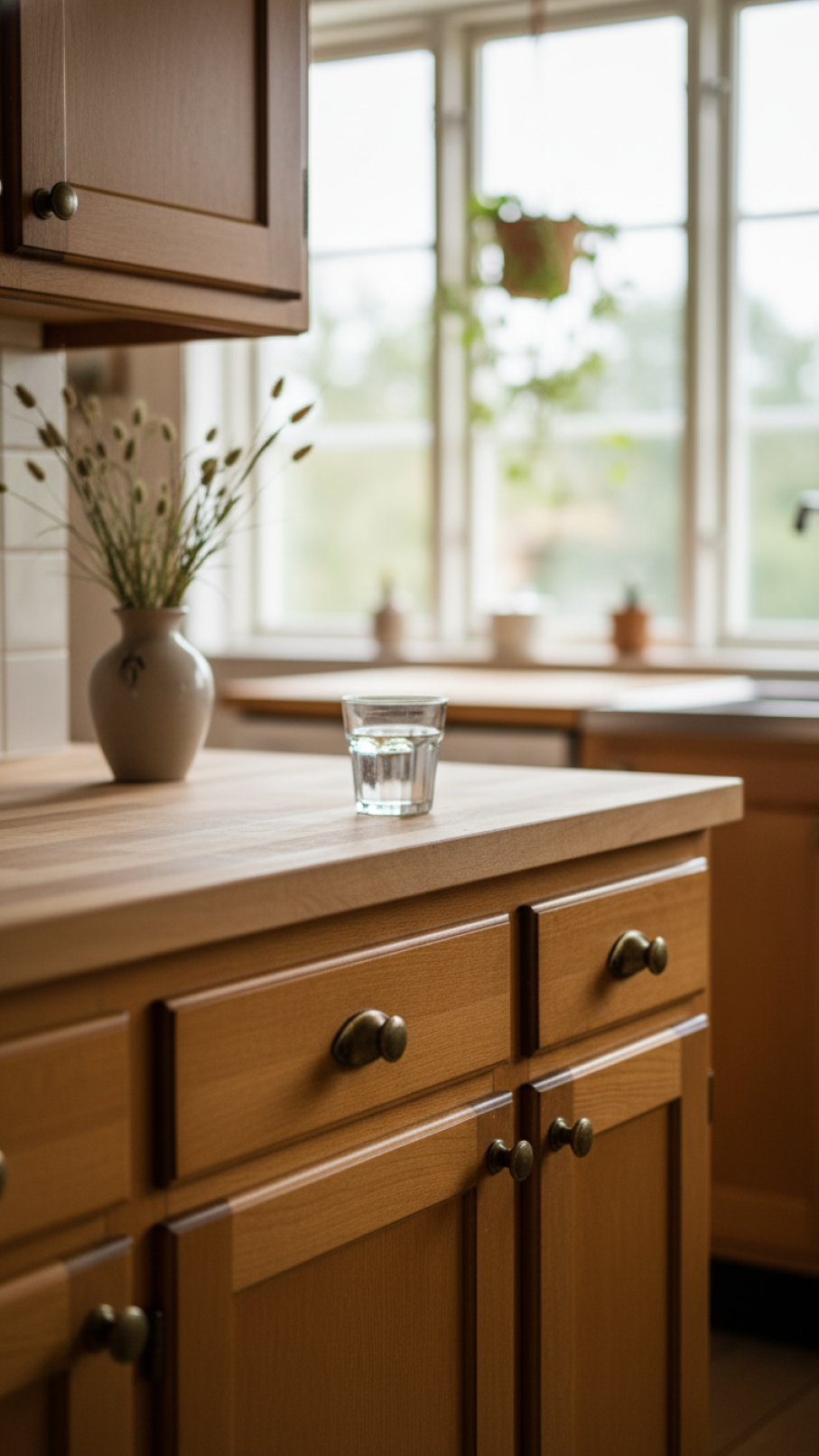 Close-up of warm wood cabinetry with butcher block countertop in 70s Scandinavian kitchen with soft natural lighting