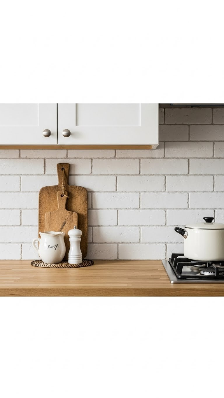 Close-up of white rustic kitchen backsplash with textured subway tile and vintage cutting board