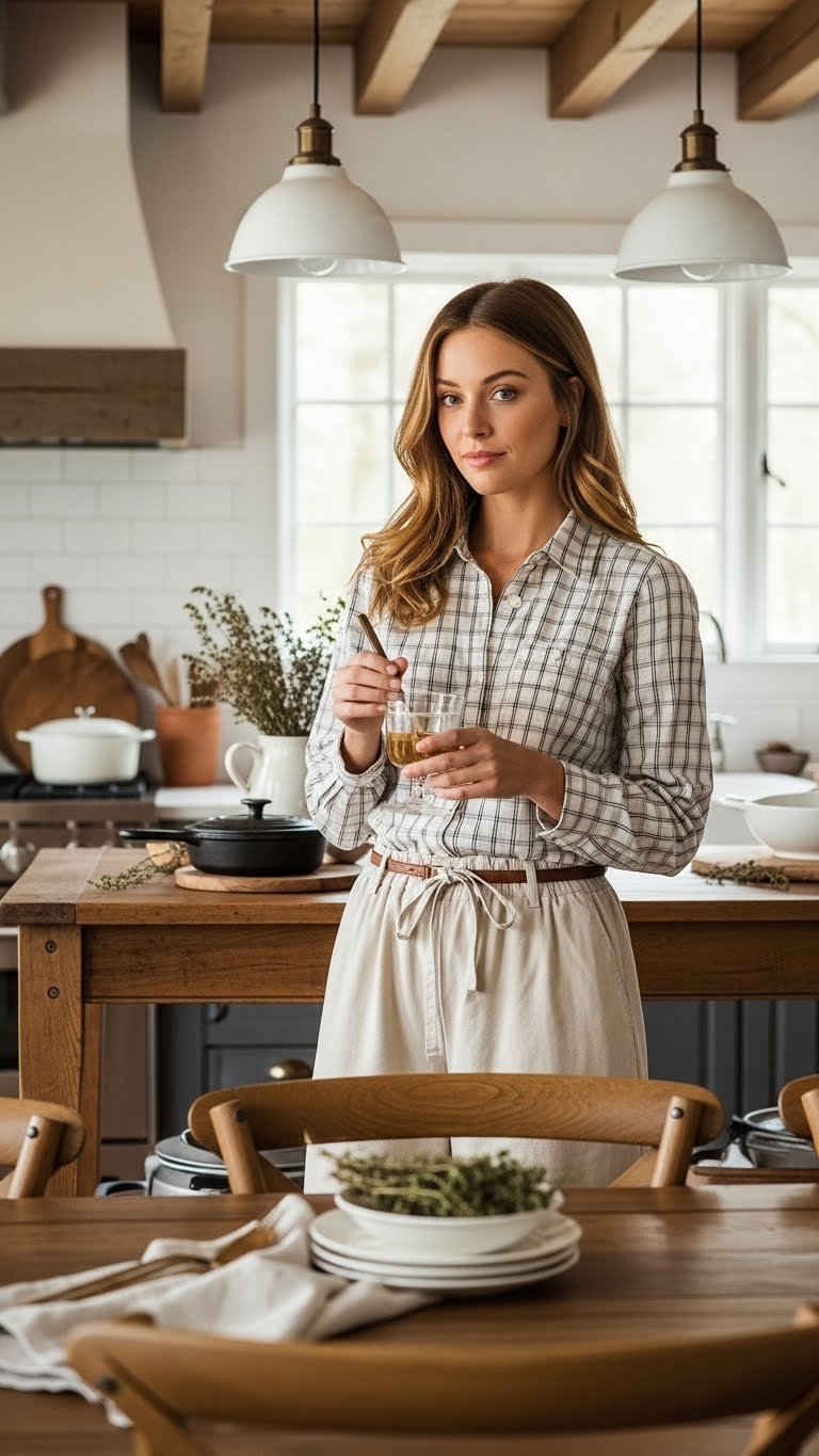 Close-up shot of rustic kitchen cabinetry with natural wood finishes, wooden island, and cast iron cookware in warm golden brown tones