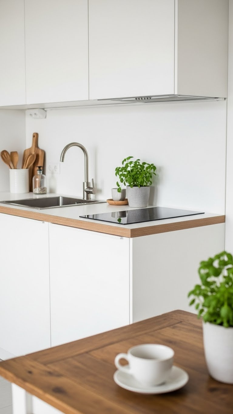 Close-up view of a compact white Bloxburg kitchen counter with built-in sink, stovetop, and wooden accents in bright daylight photography