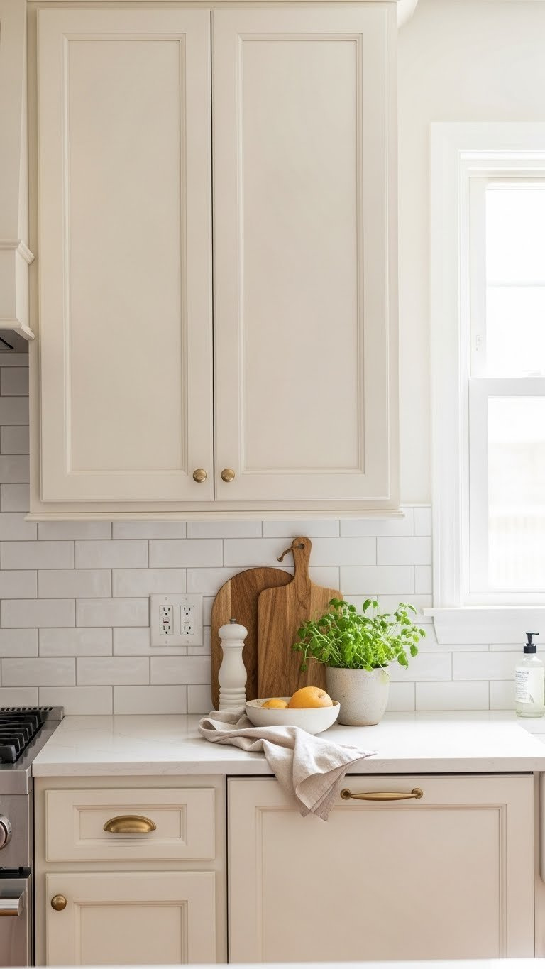 Close-up view of cream kitchen cabinets with white subway tile backsplash creating bright and airy interior space