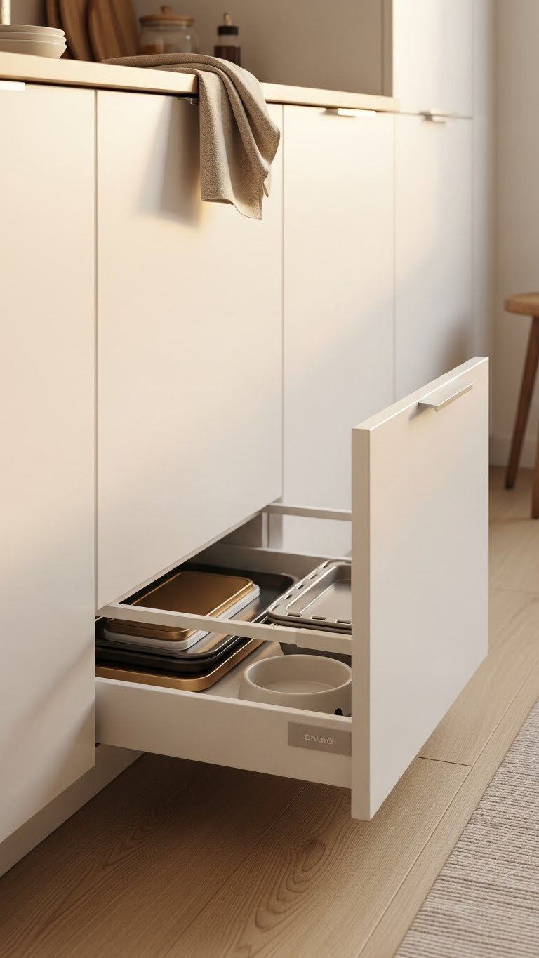 European Small Kitchen: 7 Smart Ideas For Ultimate Organization 5 Close-up view of discreet toe-kick storage drawer pulled out from modern European kitchen cabinet revealing baking sheets and serving trays