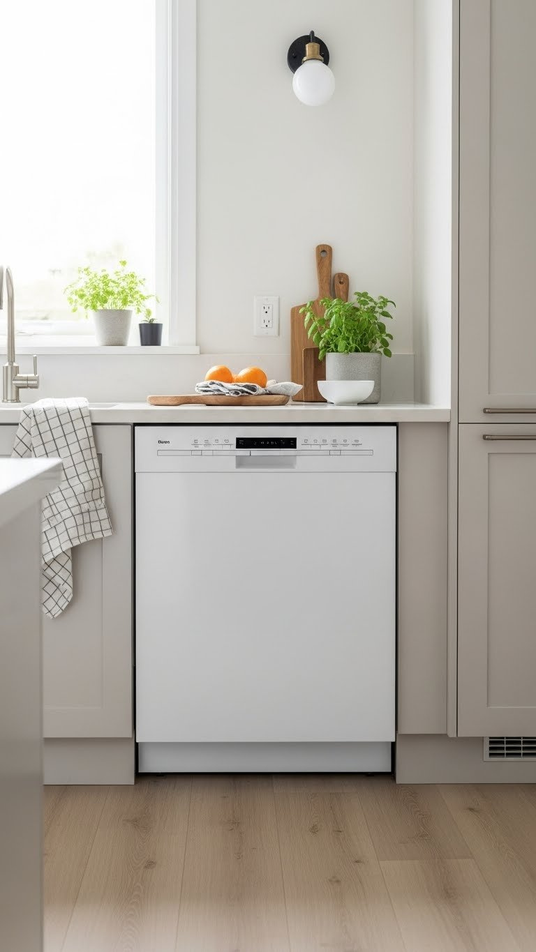 Close-up view of integrated dishwasher blending seamlessly into sleek modern kitchen cabinetry with soft natural lighting
