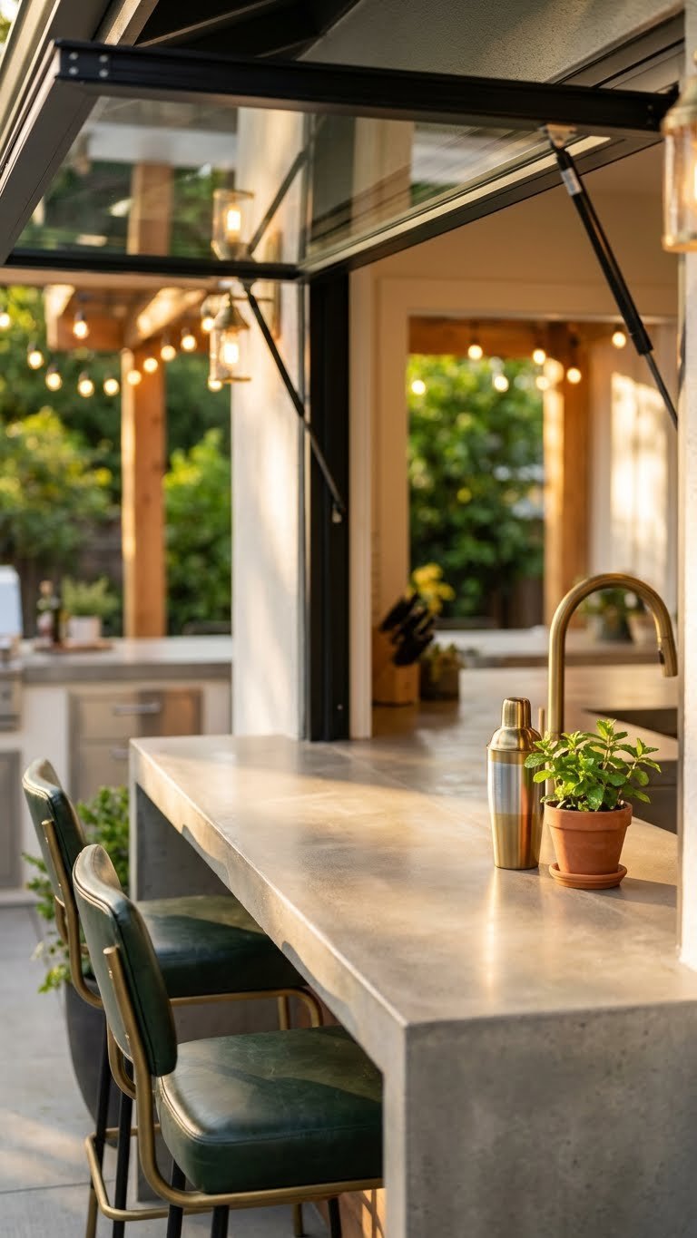 Outdoor Kitchen Extension Ideas That Create Seamless Indoor Outdoor 3 Close-up view of kitchen pass-through window bar with continuous concrete countertop extending outdoors