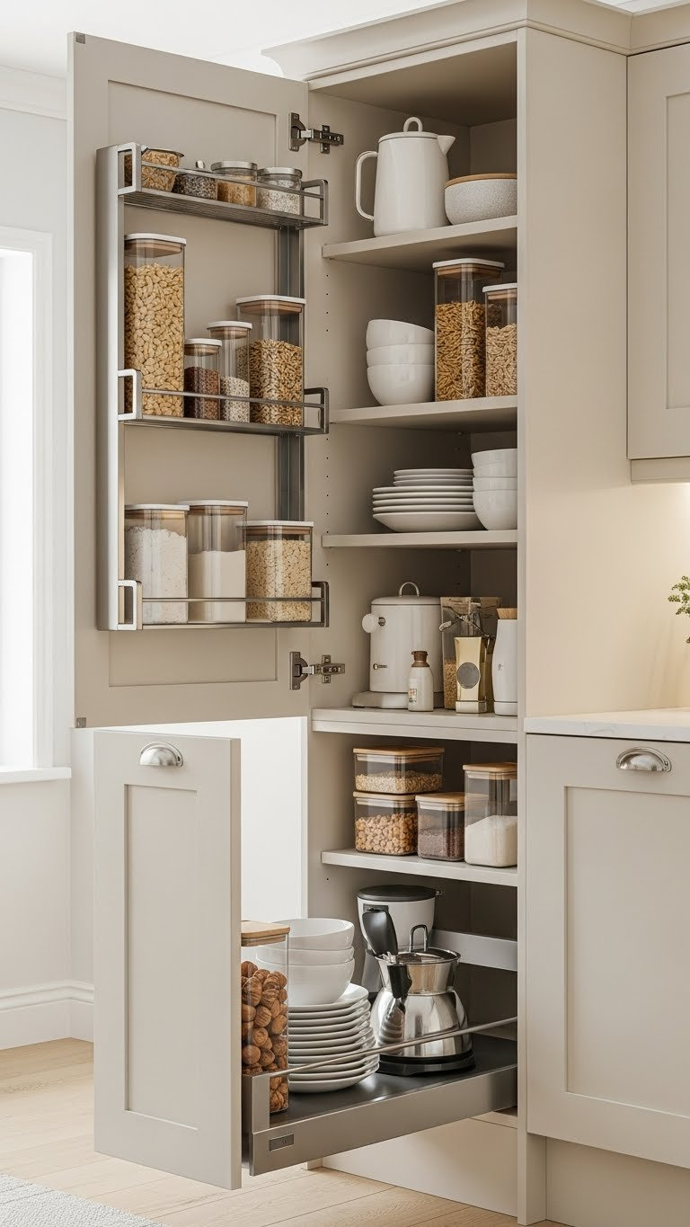 Close-up view of organized cream kitchen cabinet with pull-out shelves and smart storage solutions for small spaces