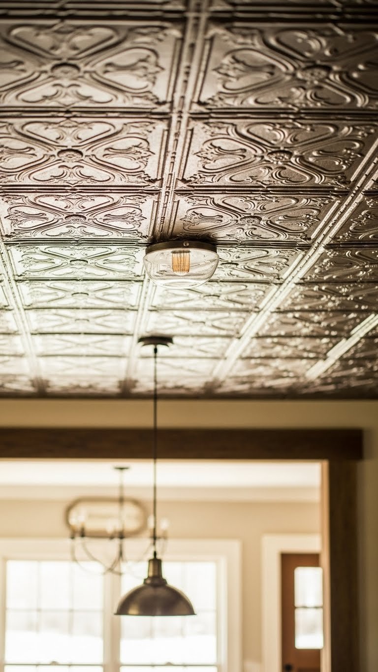 Close-up view of rustic kitchen ceiling with intricate pressed tin tiles showing vintage character and warm metallic grays in soft natural lighting.