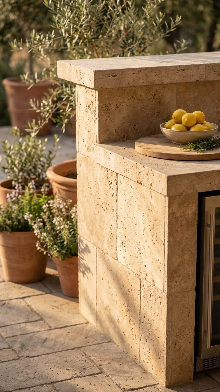 Outdoor Kitchen Mediterranean Design Guide For Al Fresco Living 1 Close-up view of rustic natural stone outdoor kitchen island with wooden cutting board and lemons during golden hour lighting