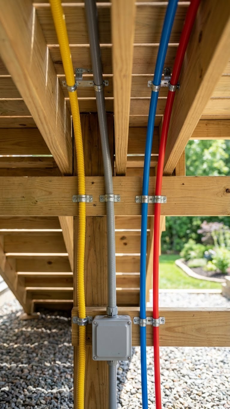 Outdoor Kitchen On Deck Planning Guide For Safe Stylish Builds 7 Close-up view of utility lines including gas, electrical, and water pipes neatly routed under deck with proper brackets