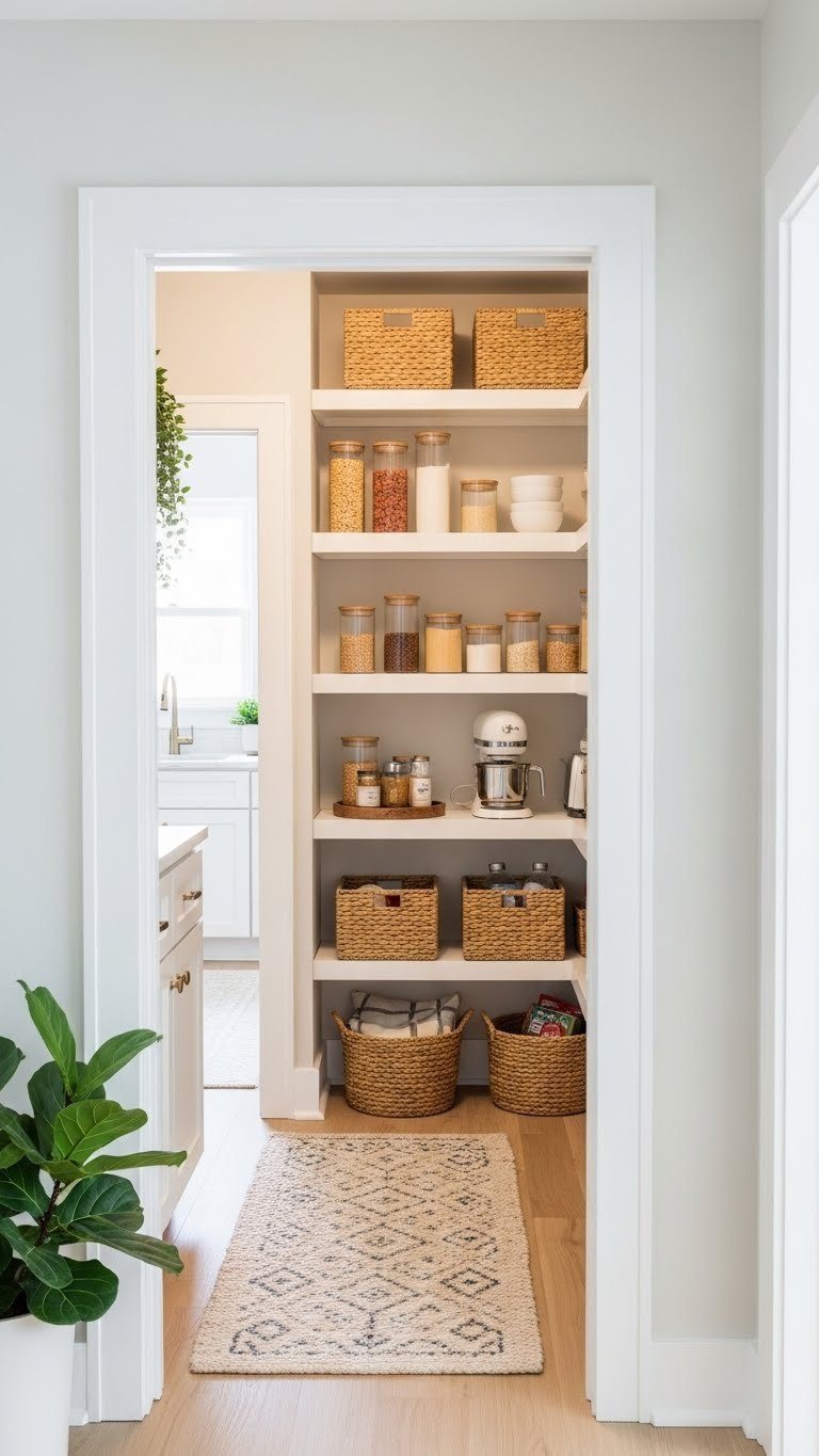 Proven Narrow Pantry Ideas: Essential Solutions For Small Kitchens 17 Closet converted into a narrow pantry, with custom shelving organizing containers and produce.