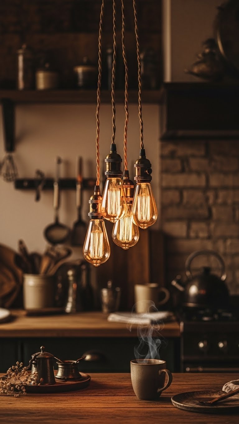 Cluster of vintage Edison bulbs with visible filaments hanging at varying heights over rustic wooden countertop